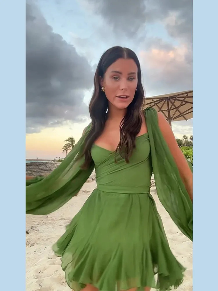 Chic Hollow Out Lantern Sleeve Mini Dres Elegant Solid V Neck Green Mesh Short Dresses Spring Summer Lady Beach Vestidos 240314