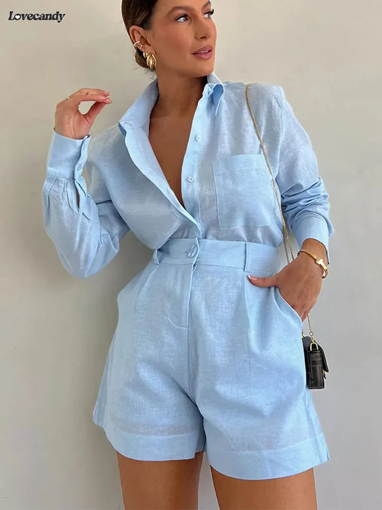 Fashion Button Pockets Short Pant Womens Suit Elegant Lapel Long Sleeves 2 Pieces Sets Casual Simple Vacation Female Outfit 240314