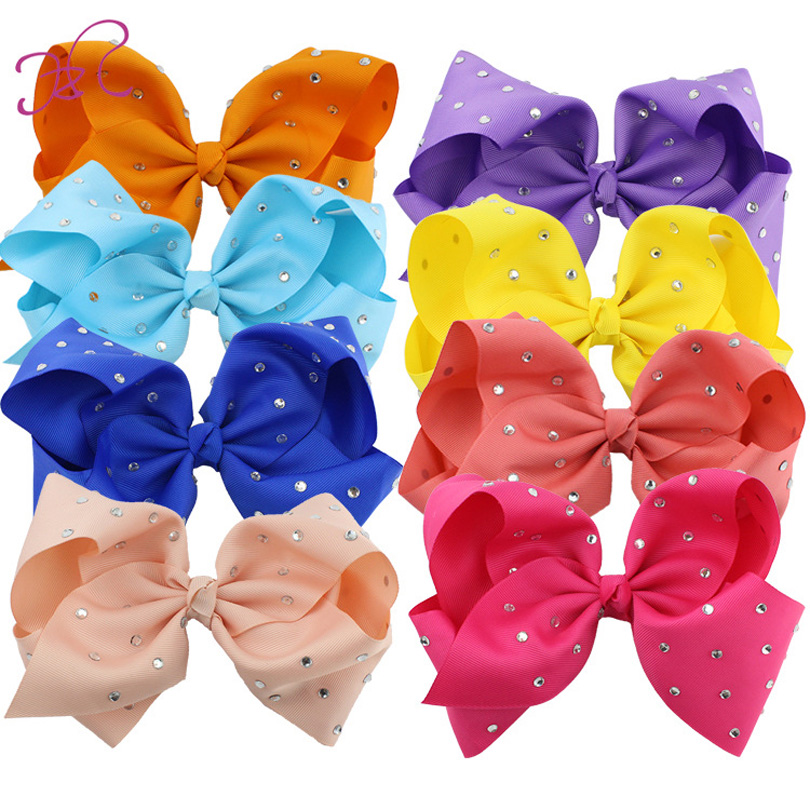 8 Inch JOJO Rhinestone Hair Bow With Clip For School Baby Children Pastel Bow 16 Colors Kids Hair Accessories