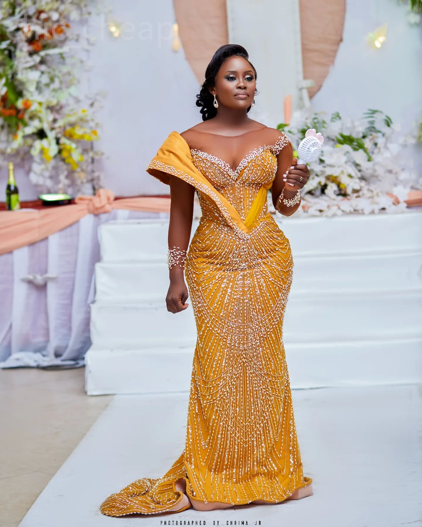 Aso Ebi Yellow Mermaid Prom Dress Beaded Sequined Urious Evening Formal Party Second Reception Th Birthday Engagement Gowns Dresses Robe De Soiree Lz0