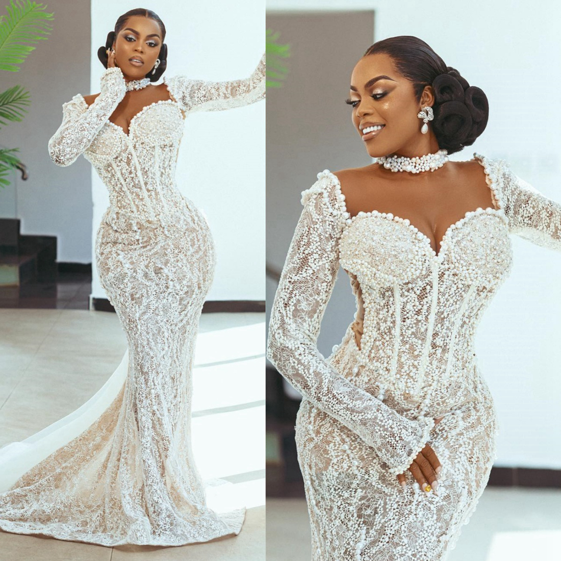 2024 African Mermaid Wedding Dress For Bride Bridal Gowns Illusion High Neck Long Sleeves Beaded Lace Pearls Wedding Gowns for Nigeria Black Women Gir