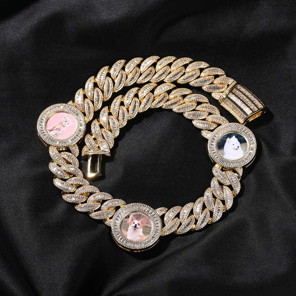 Hip Hop Bling Custom Photo Cuban Link Chain Necklace Ins Round Photo Diy Picture Gold Diamond Curb Chains Unisex Personalized Iced Out Cubic Zirconia 