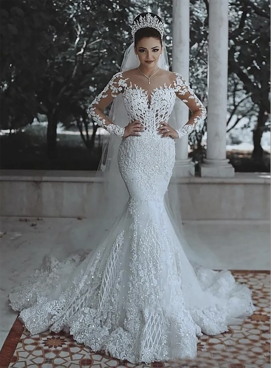 2024 White Latest Vintage Mermaid Scoop Wedding Dresses Long Sleeves Applique Lace up Bridal Wedding Gowns Bride Dresses