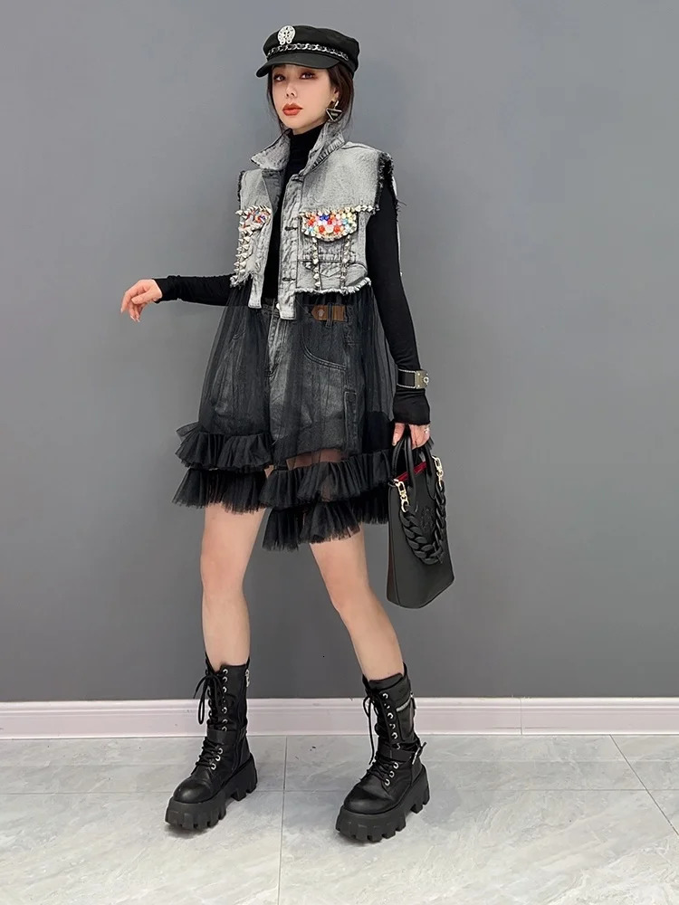 Vefadisa Spring Summer Lapel Sleeveless Denim Vest Coat Loose Mesh Splicing Colour Diamonds Irregular Women LHX3315 240321