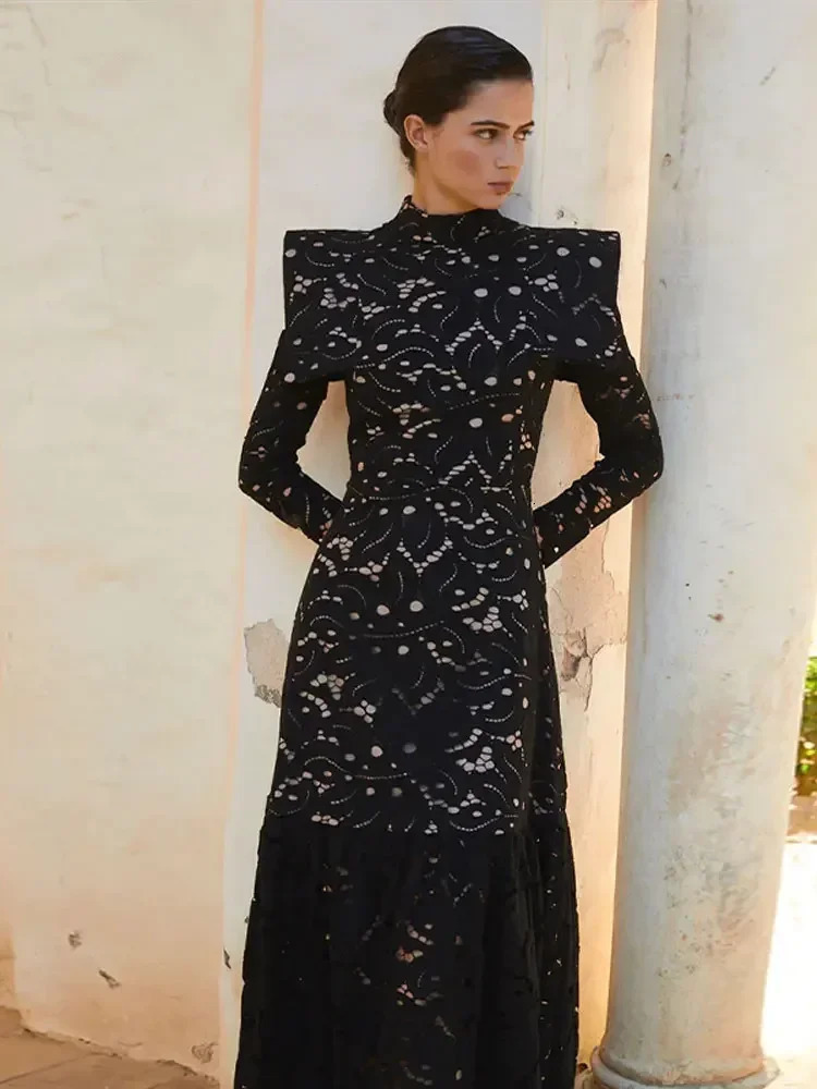 Women White Lace Hollow Out Maxi Dress Aline High Collar Long Sleeve Office Vestidos Fashion Lady Elegant Streetwear 240318