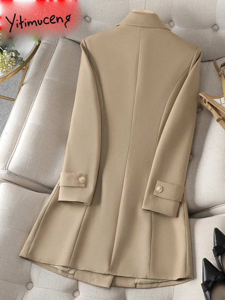 Yitimuceng Turn Down Collar Blazers for Women Fashion Solid Casual Double Breasted Coats Office Ladies Long Sleeve Jacket 240318