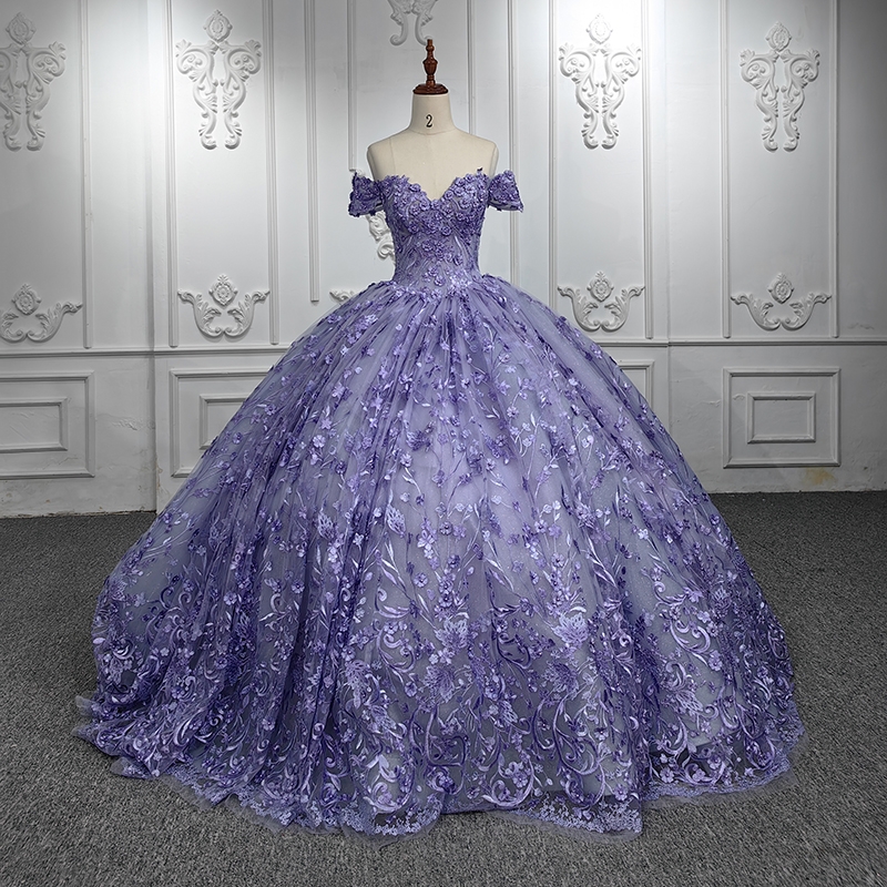 Purple Glitter Princess Quinceanera Dresses Off Shoulder Applique Lace Floral Tull Lace-up Party Birthday Vestido de 15 anos Sweet 16 Dress