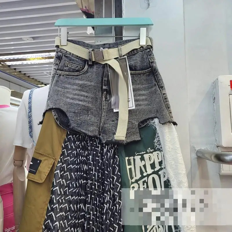 Getspring Women Skirt Long Patchwork Denim Stitching Irregular High Waist Loose Leisure Asymmetrical Pleated 240321 - view 6