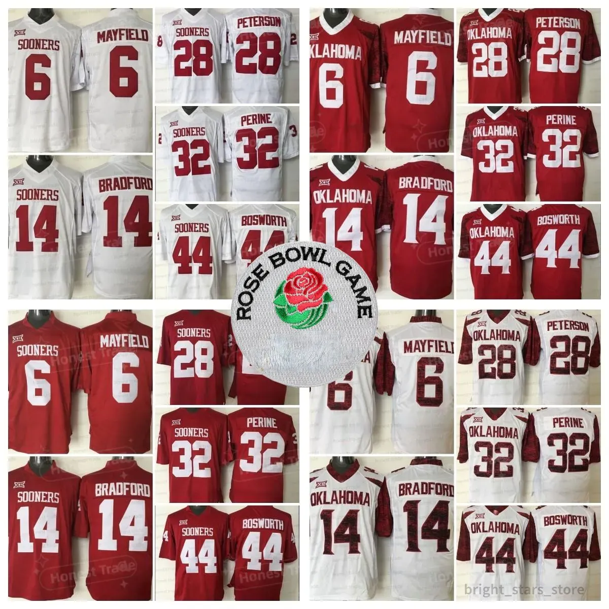 American College Football Wear 6 Baker Mayfield Football Jersey Oklahoma Sooners 44 Brian Bosworth 28 Adrian Peterson 32 Samaje Perine 14 Sam Bradford Red White NCAA