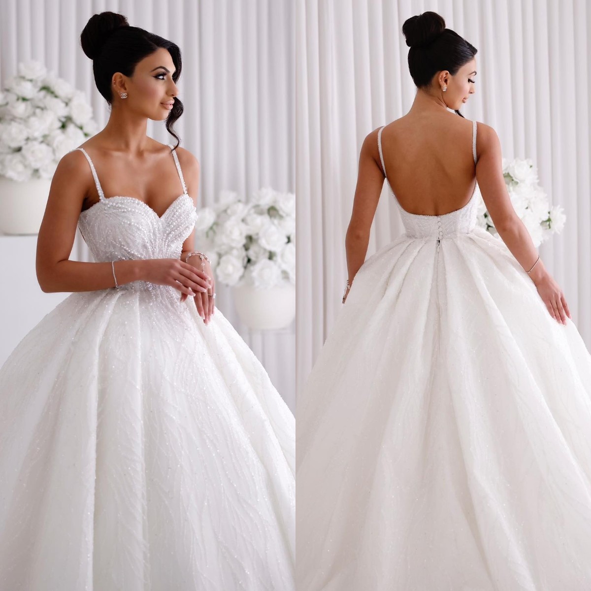 Ball Pearls Covered Gown Dress For Bride Straps Saudi Arabic Wedding Dresses Vestido De Noiva Sweep Train Sequins Beads Robe Mariage Bridal Gowns es s