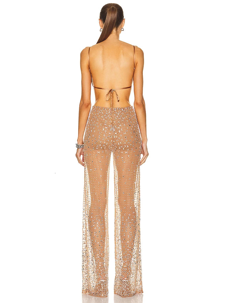Sexy Straps Perspective Mesh Crystal Diamond jumpsuit Women Apricot Sleeveless Backless Shiny Rhinestone Jumpsuits Party Club 240322