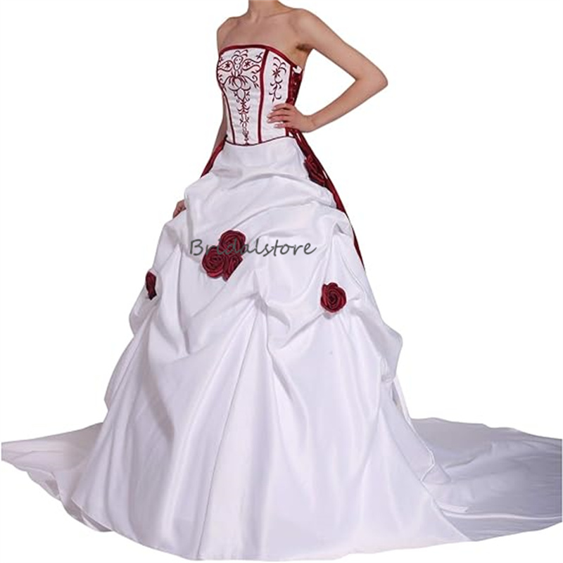 Embroidery Gothic Wedding Dresses 2024 Sexy Strapless Pleat Corset 3D Florals Church Wedding Gowns Lace Up Corset Midevil Satin Country vestidos de no