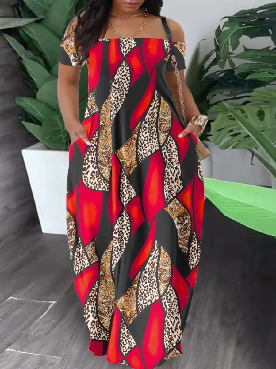 LW Bateau Neck Camo Off The Shoulder Maxi Dresses Short Sleeve Floor Length Camouflage Casual Summer Women Clothings 240314