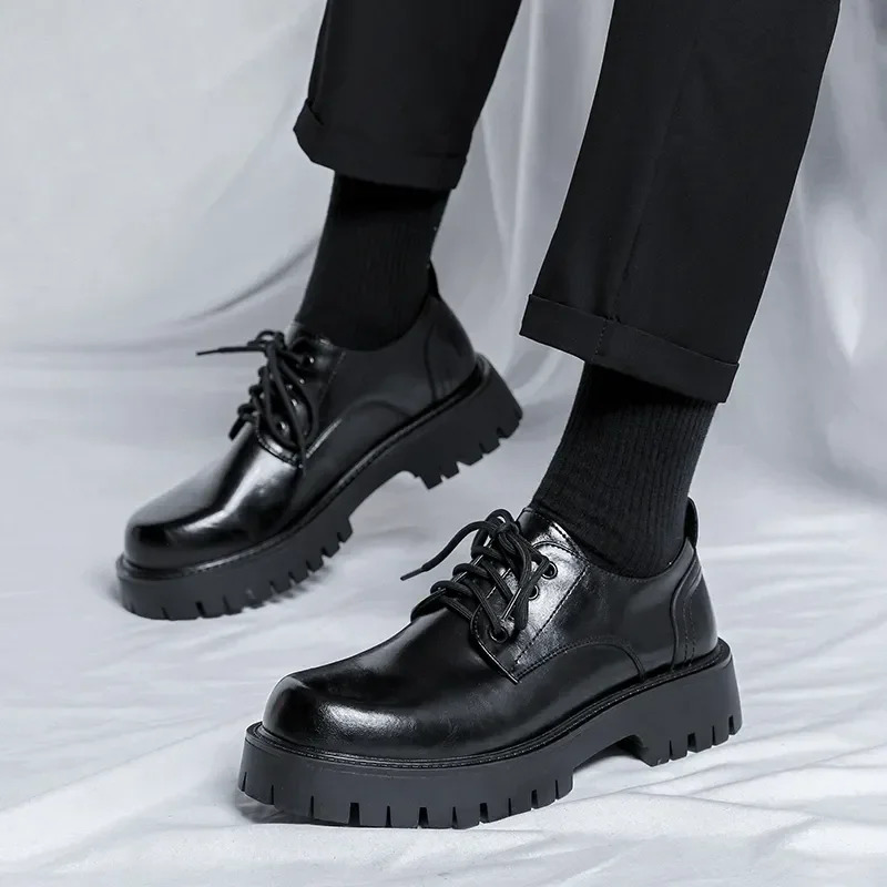 Men Korea Leather Platform Oxfords Slip On Thick Tottom For Male Derby Casual Loafers Mens Square Toe Formal Dress Shoes 240314
