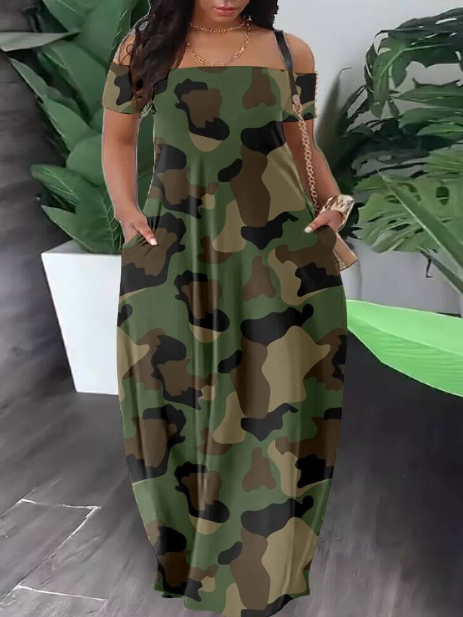 LW Bateau Neck Camo Off The Shoulder Maxi Dresses Short Sleeve Floor Length Camouflage Casual Summer Women Clothings 240314