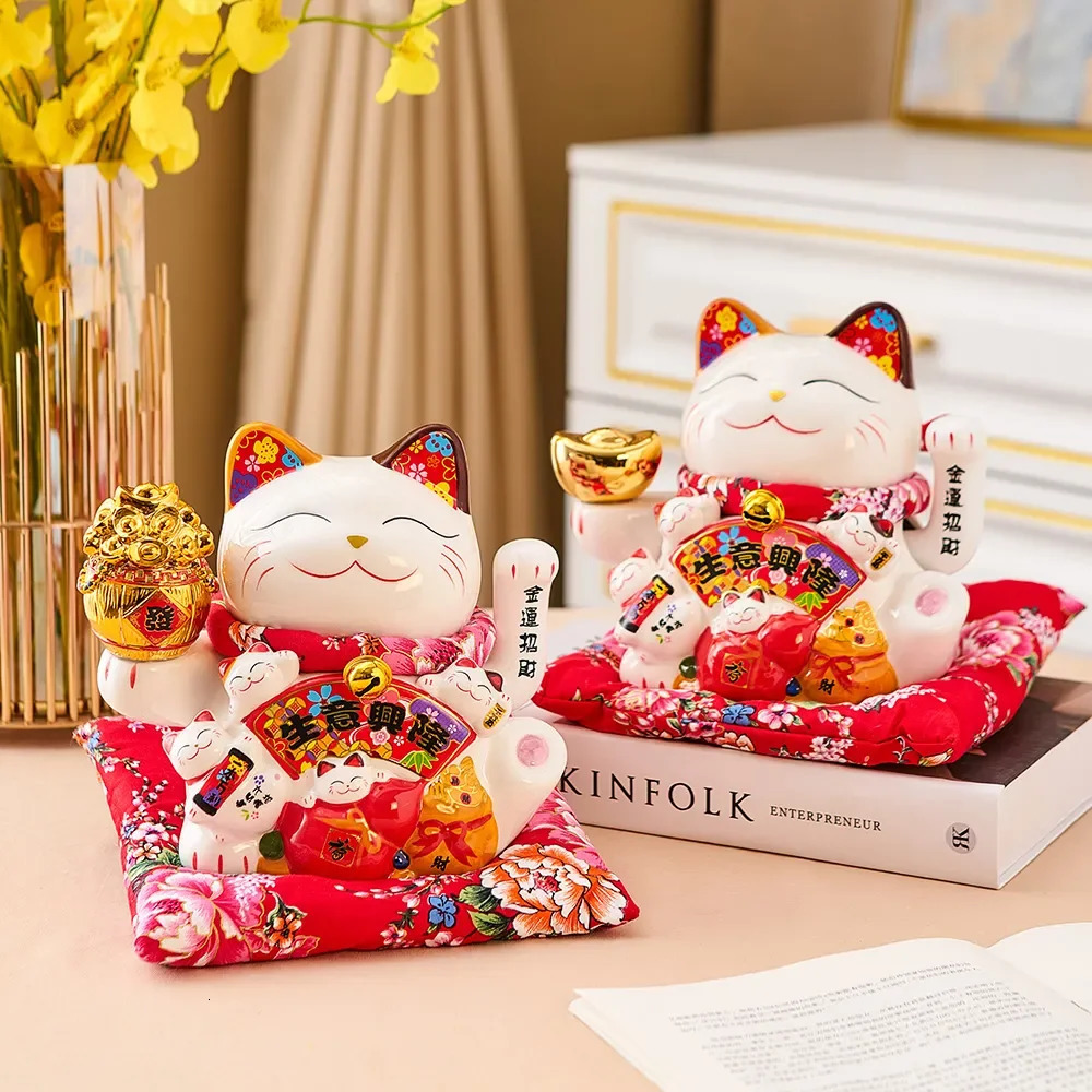 Ceramic Maneki Neko Lucky Cat Home Decor Waving Hand Feng Shui Fortune Statue Kawaii Room Accessories 240314