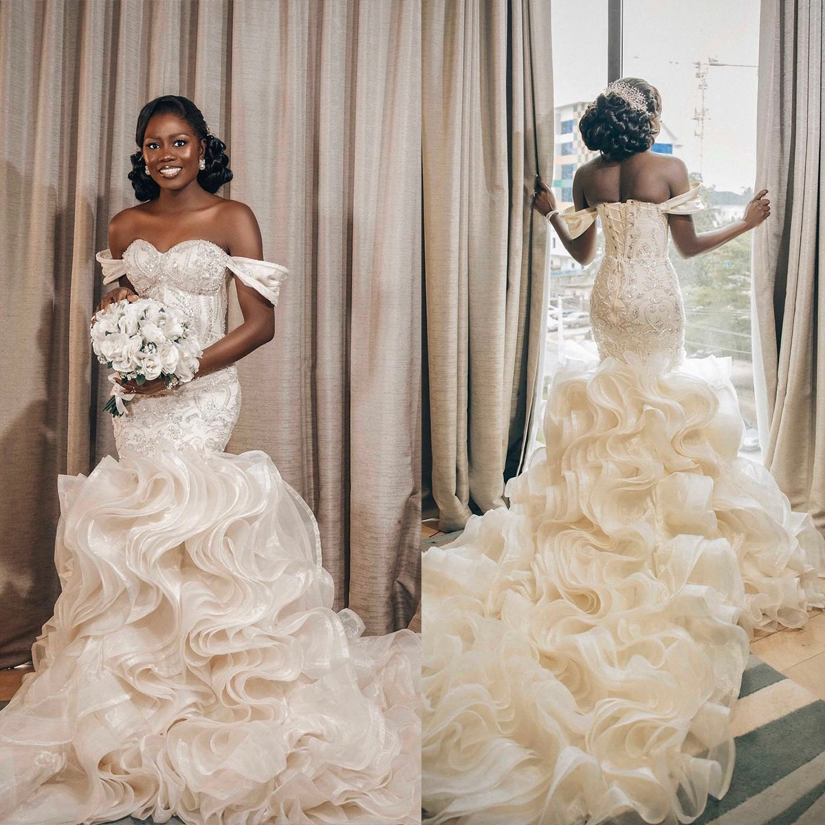 Gorgeous Mermaid Wedding Dress Sweetheart Neck Off Shoulder Bridal Gowns Sequins Lace Up Ruffles Sweep Train Dresses Custom Made vestidos de novia