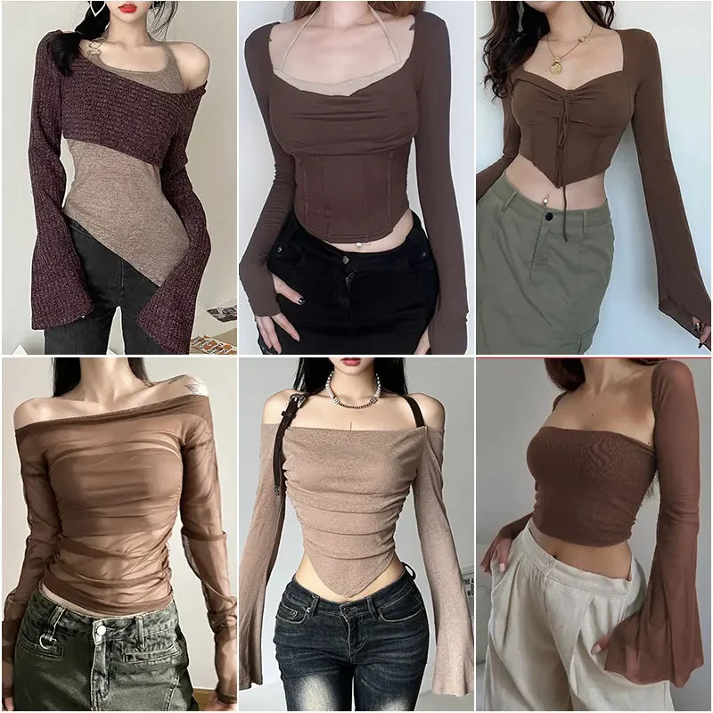 Sexy Vintage Crop Tshirts Long Sleeve Slim T Shirt Autumn Korean Style Chic Sweet Y2K Aesthetic Streetwear Female Tee 240321