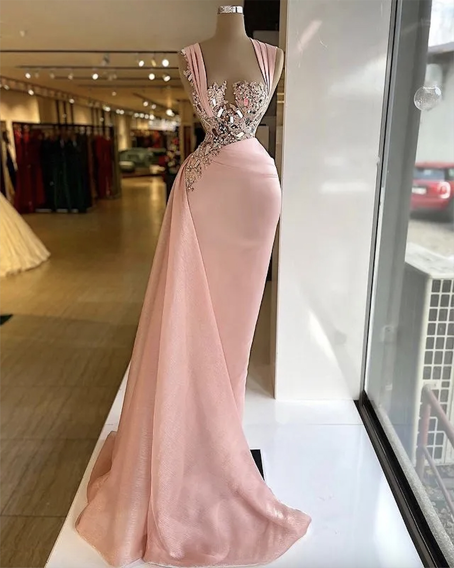 Size Arabic Plus Aso Ebi Pink urious Sheath Prom Dresses Beaded Crystals Lace Evening Formal Party Second Reception Birthday Gowns Dress