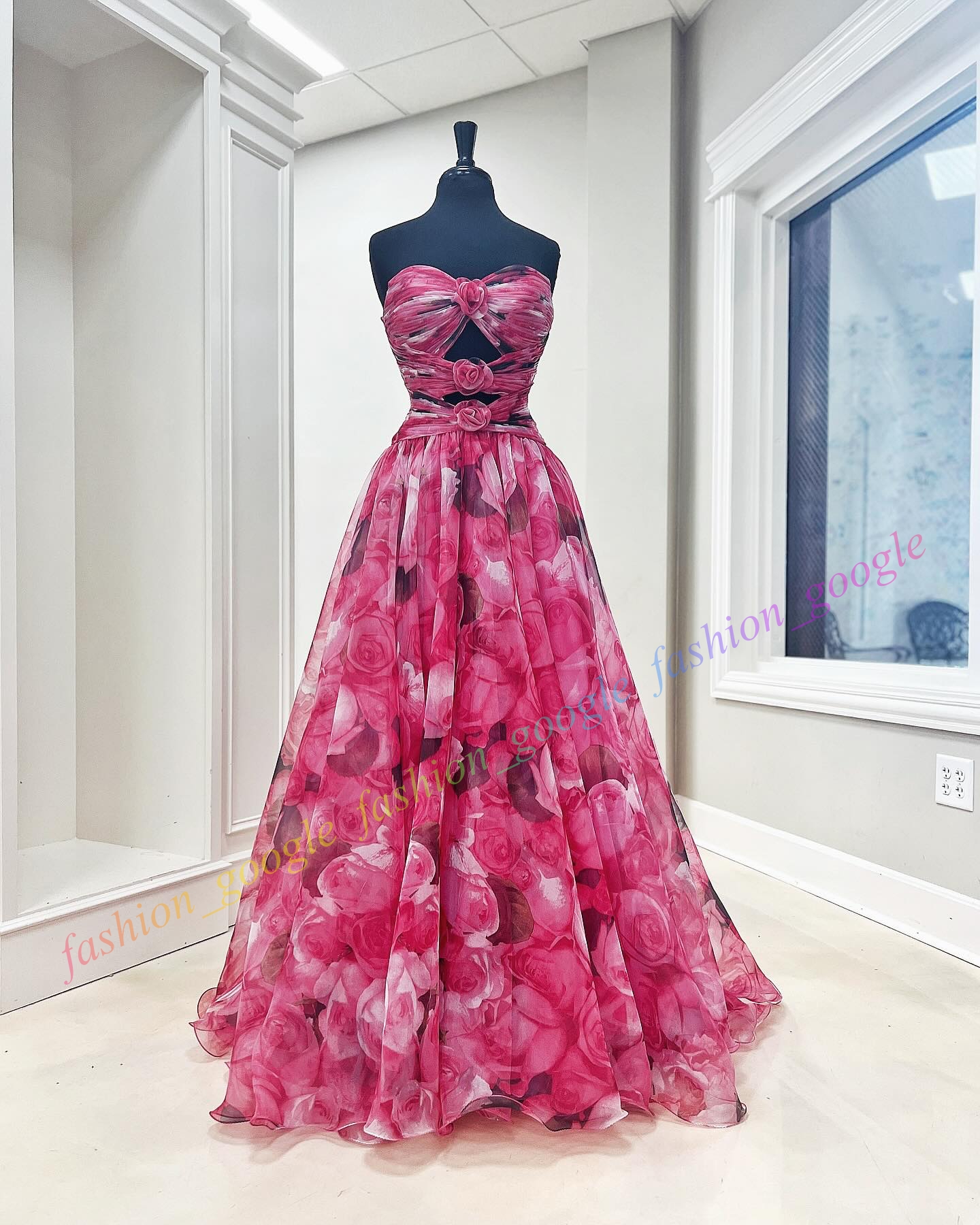 Rosette Printed Chiffon Prom Dress 2k24 Center Keyhole Pink Rose Floral Long Winter Spring Formal Evening Cocktail Gala Party Pretty Pageant Runway Go