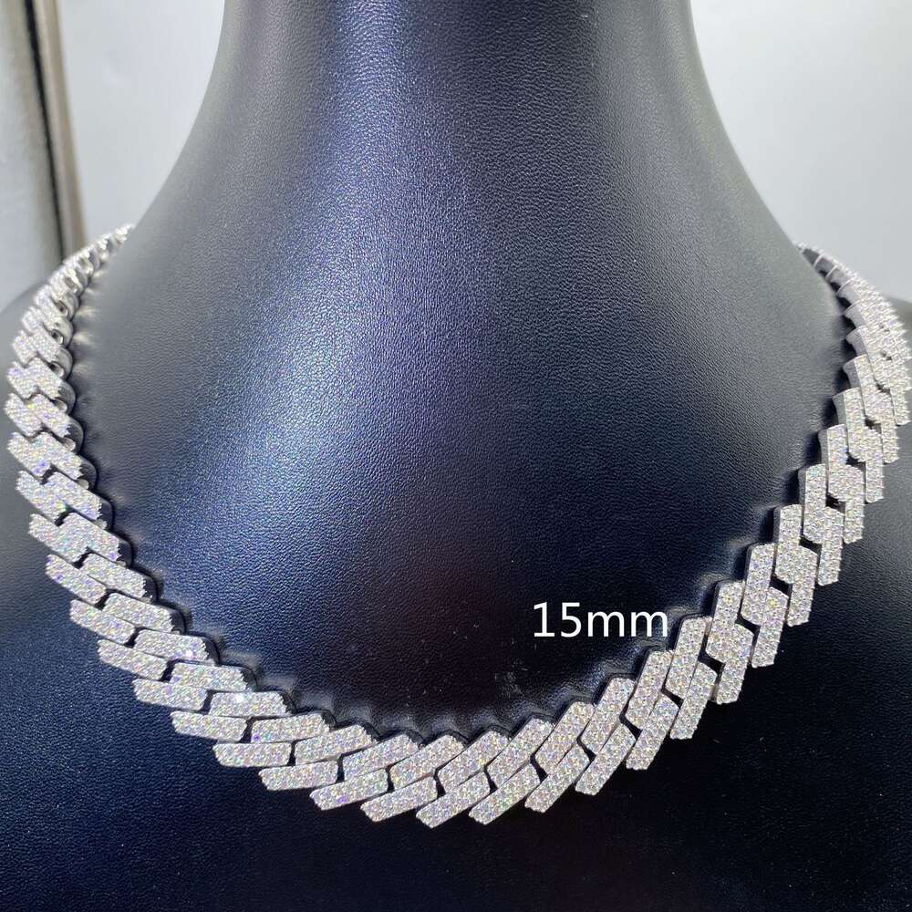 Selling Iced Out 15mm Double Row Moissanite Necklace Bracelet 925 Silver Cuban Chain Hip Hop