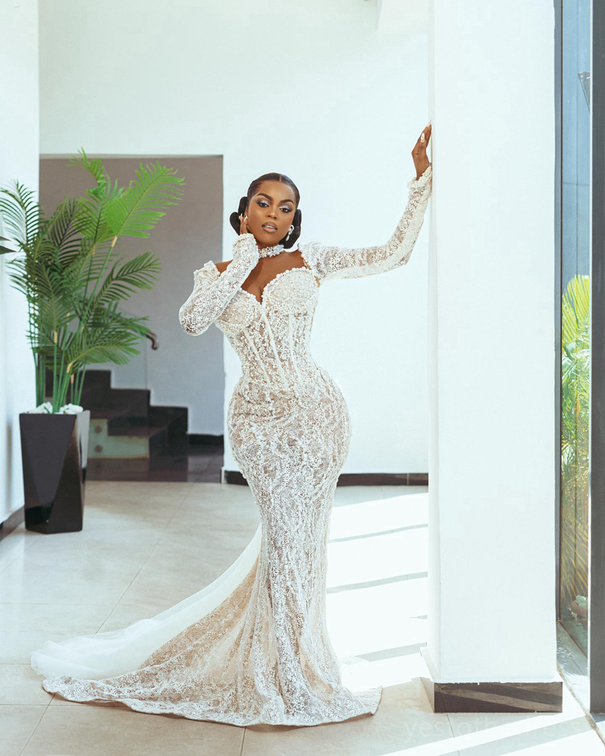 2024 African Mermaid Wedding Dress For Bride Bridal Gowns Illusion High Neck Long Sleeves Beaded Lace Pearls Wedding Gowns for Nigeria Black Women Gir