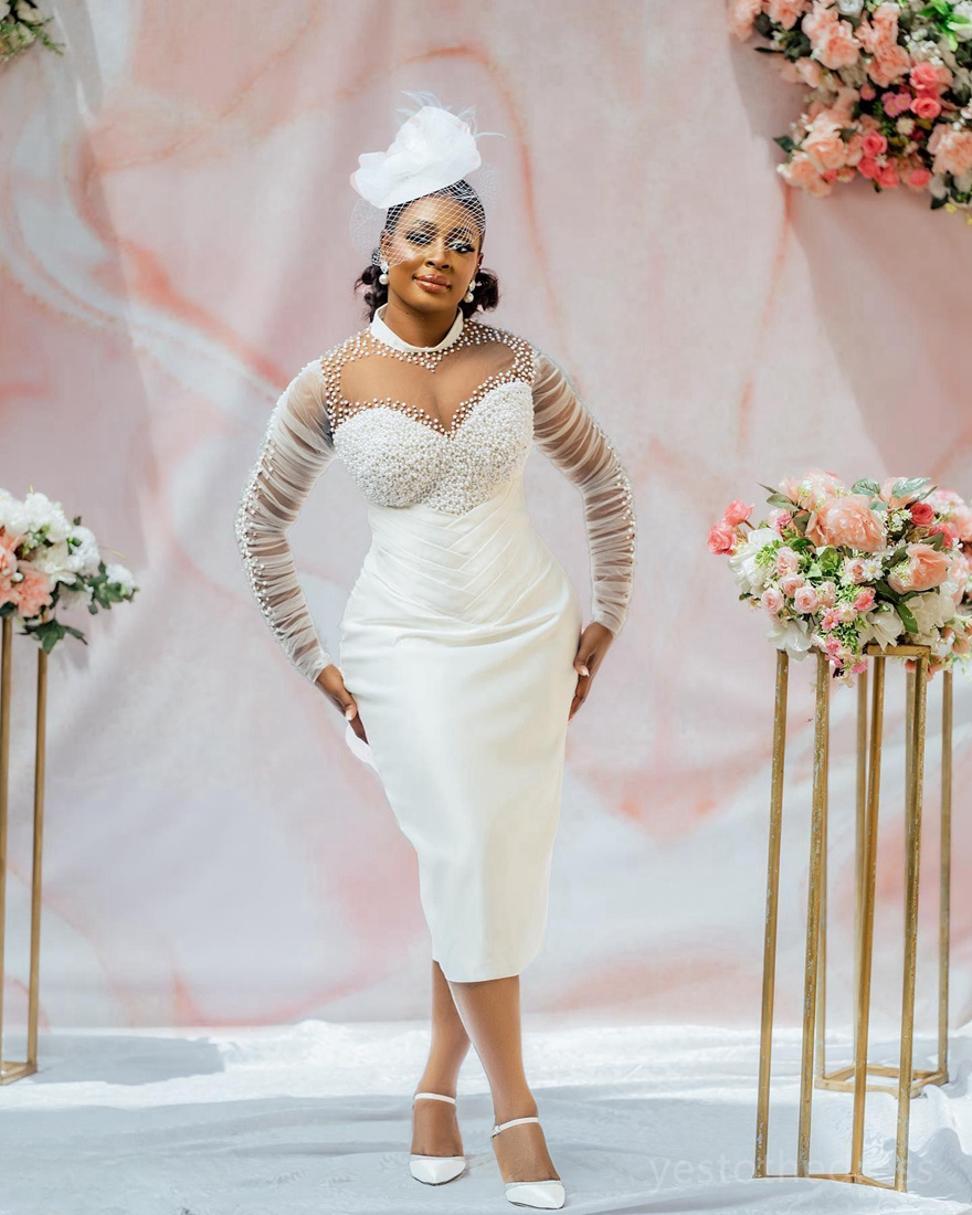 2024 African Short Wedding Dress For Bride Bridal Gowns Illusion High Neck Long Sleeves Beaded Pearls Lace Satin Wedding Gown For Nigeria Black Women 