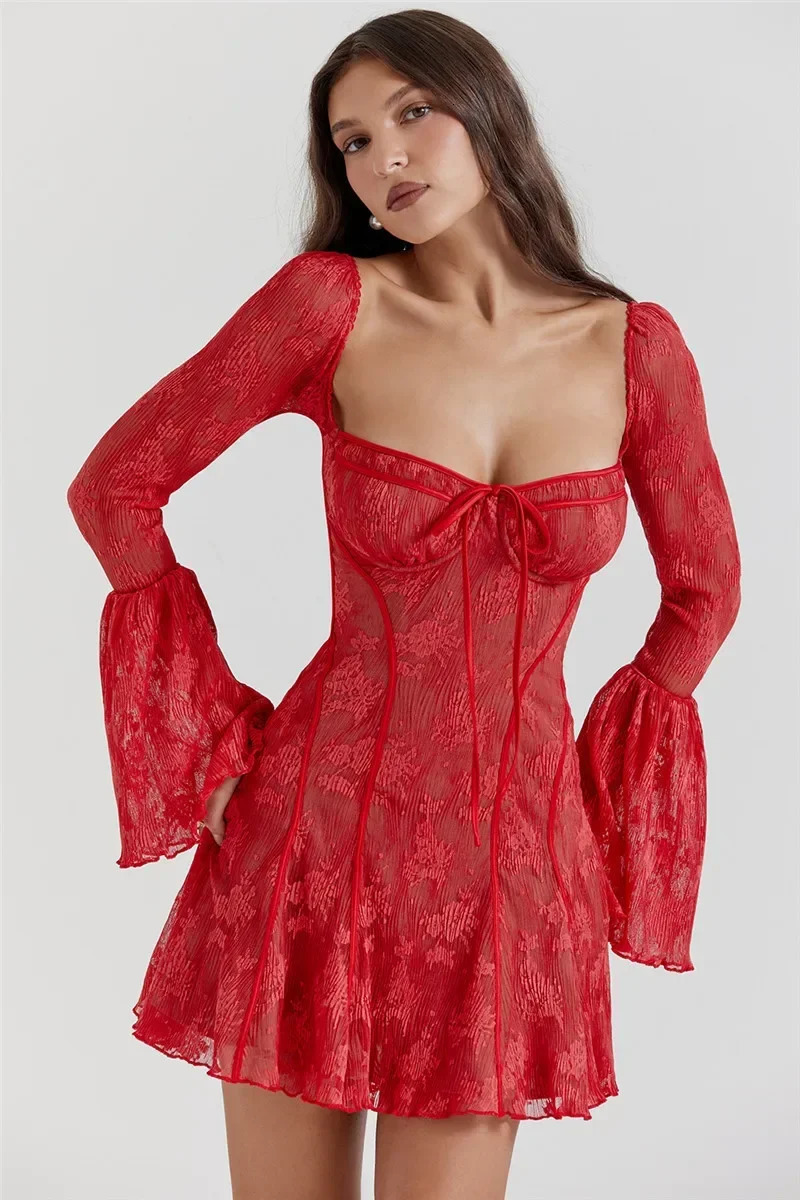 Women Long Flare Sleeve Mesh Pleated Mini Dress Elegant Square Collar Backless Dresses 2024 Sexy Lady Club Party Robes 240314