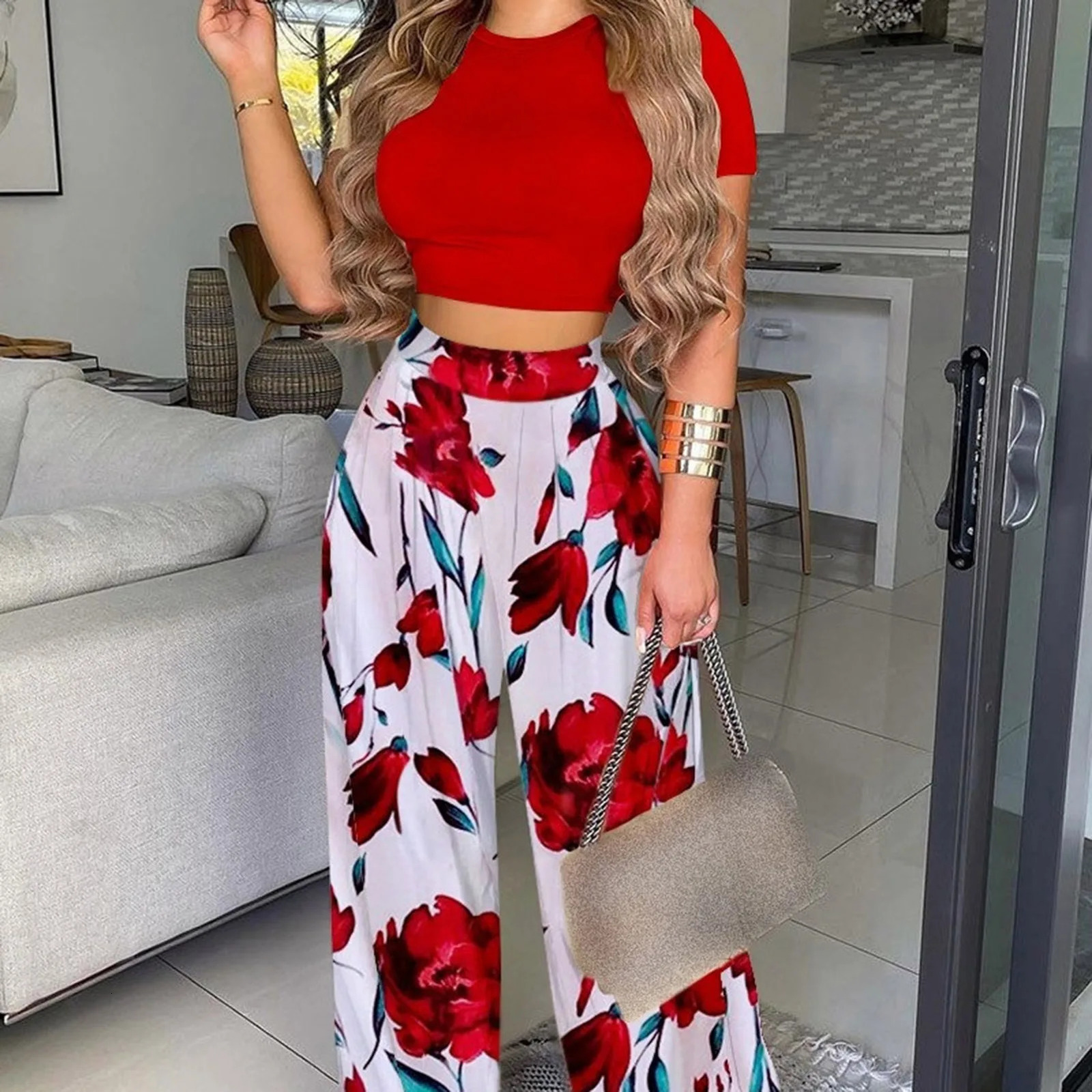 Summer Elegant Women Solid Casual Fitness Tracksuit Set Outfits Short Sleeve Crop Tops Trouser Flare Pants 2 Two Piece 240315