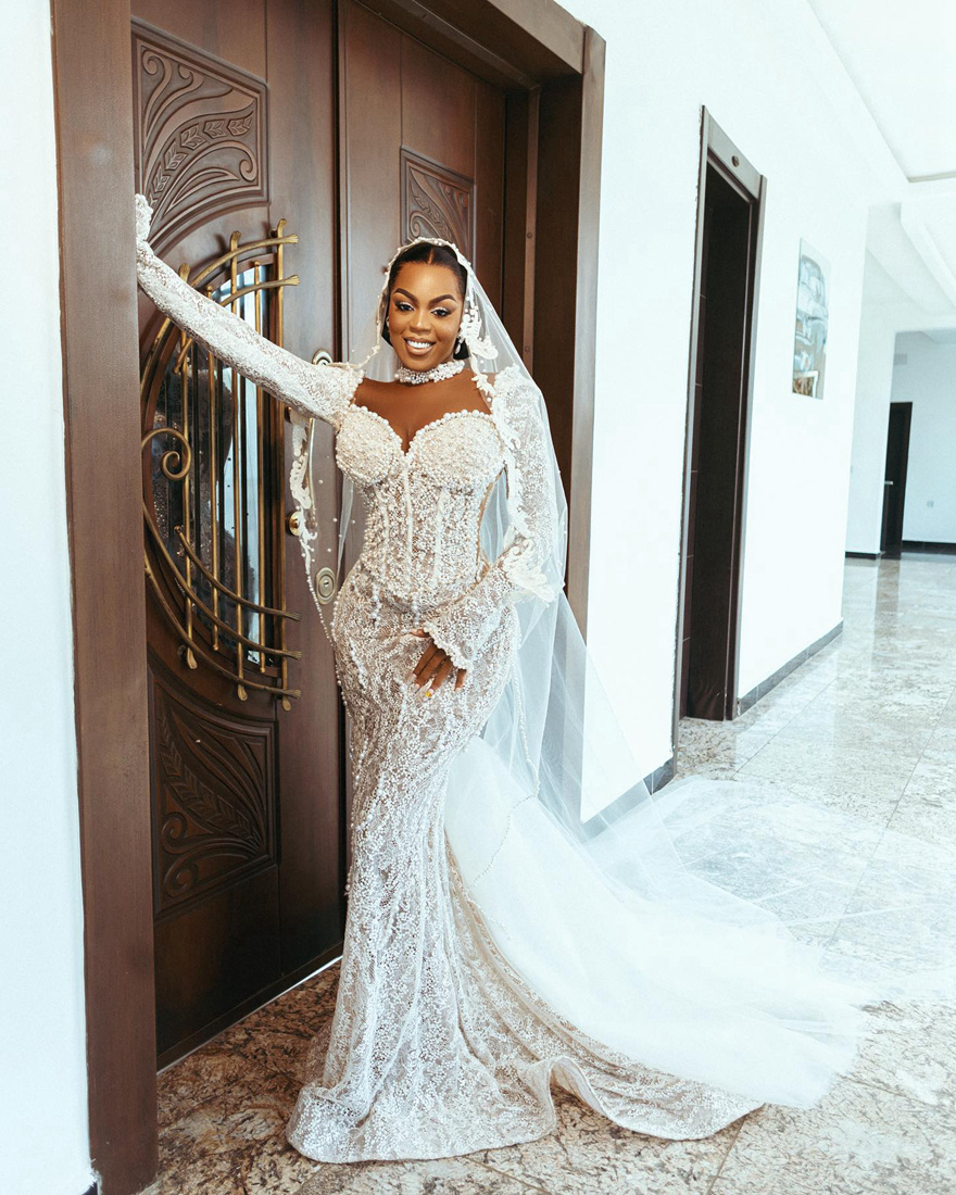 2024 African Mermaid Wedding Dress For Bride Bridal Gowns Illusion High Neck Long Sleeves Beaded Lace Pearls Wedding Gowns for Nigeria Black Women Gir