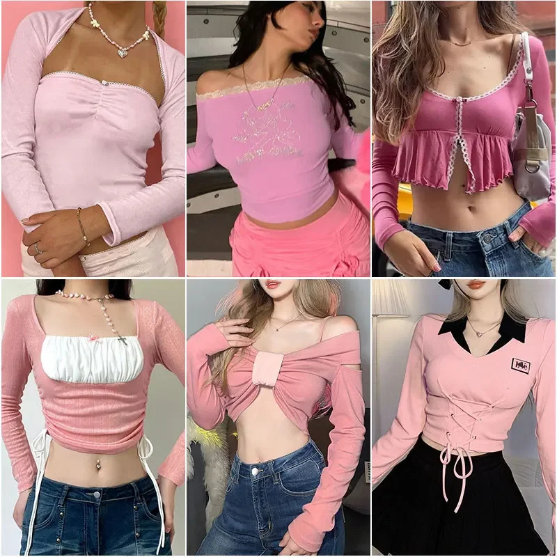 Sexy Vintage Crop Tshirts Long Sleeve Slim T Shirt Autumn Korean Style Chic Sweet Y2K Aesthetic Streetwear Female Tee 240321