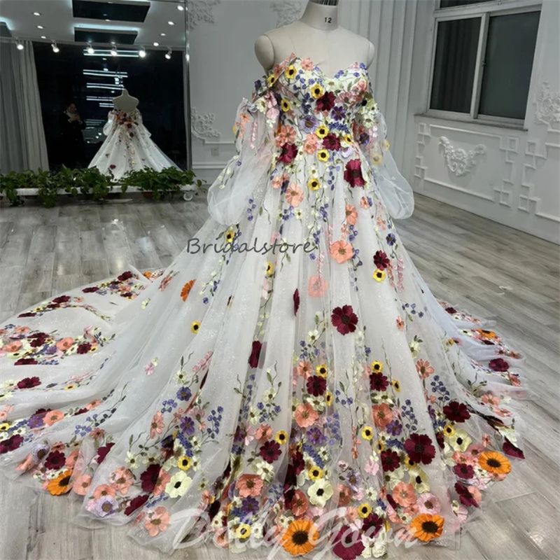 3D Colorful Flowers Wedding Dresses With Color Whimsical Elvish Country Bridal Gowns Puff Sleeves Vestidos De Novia Court Train Unique Nontraditional 