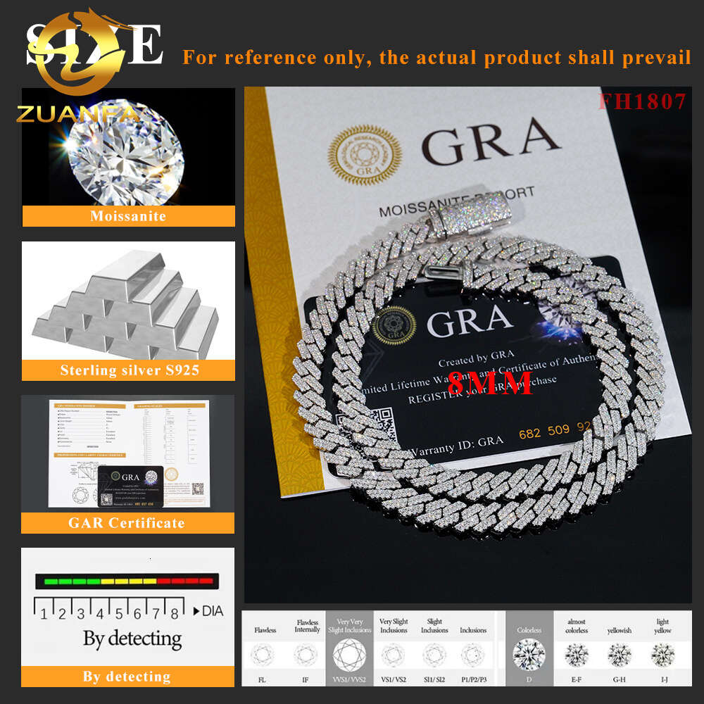 Pass Diamond Tester 925 Sterling Silver Hip Hop Jewelry Men Necklace 8mm 2 Rows Iced Out Vvs Moissanite Diamond Cuban Link Chain