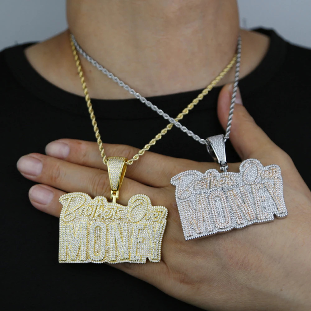 Hip Hop Brothers Over Money Pendant Necklace Gold Color Iced Out Bling CZ Cubic Zirconia Letters Charm Men Women Jewelry 240313