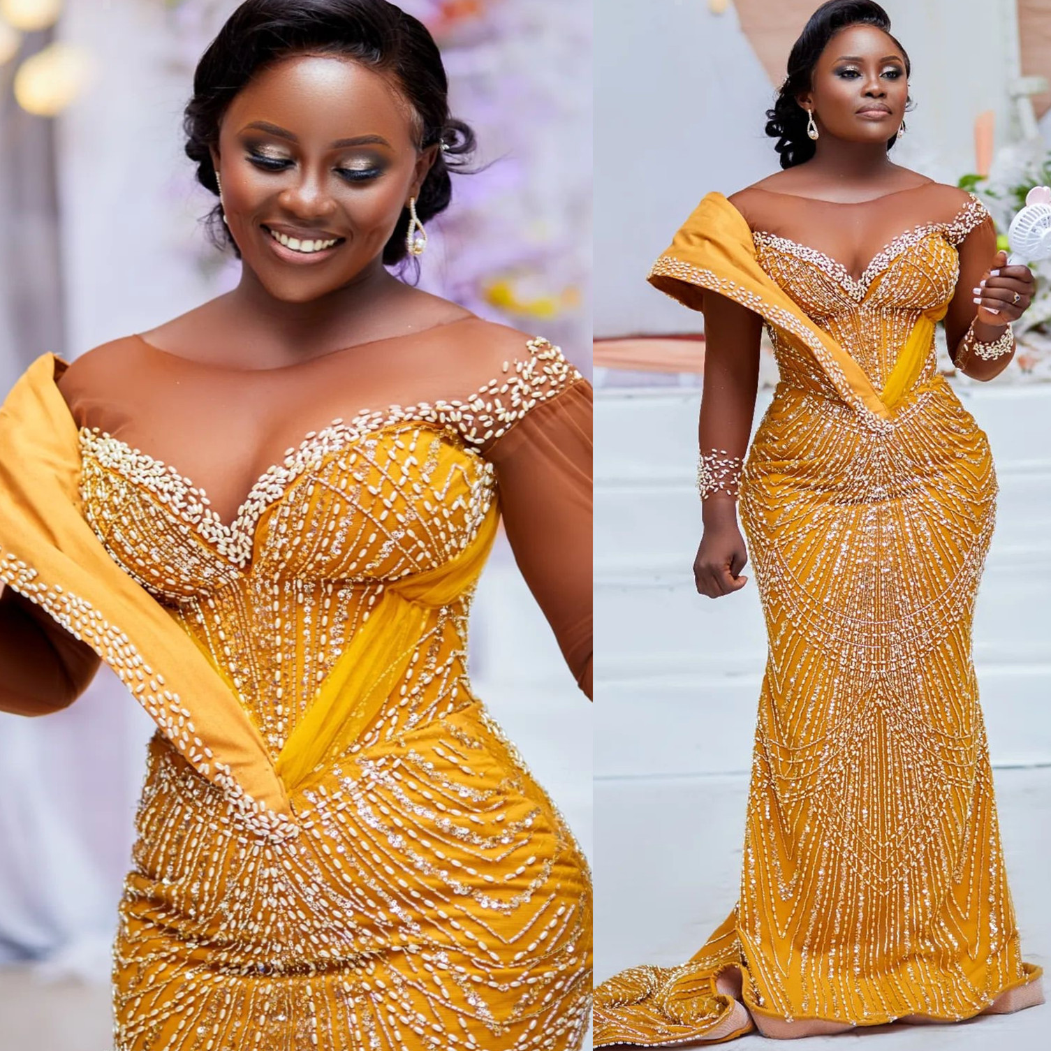 Aso Ebi Yellow Mermaid Prom Dress Beaded Sequined Urious Evening Formal Party Second Reception Th Birthday Engagement Gowns Dresses Robe De Soiree Lz0