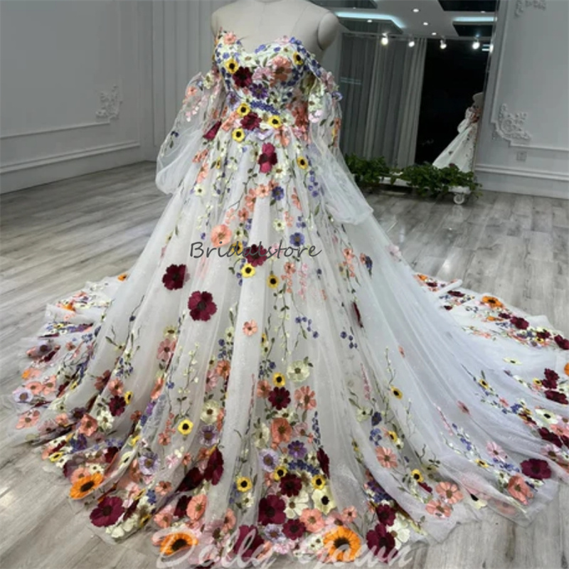 3D Colorful Flowers Wedding Dresses With Color Whimsical Elvish Country Bridal Gowns Puff Sleeves Vestidos De Novia Court Train Unique Nontraditional 
