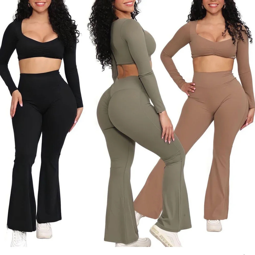 Scrunch Flare Leggings for Women 2 Piece Yoga Workout Gym Sets Long Sleeve Crop Top Fiess Dancing Clothes 240322