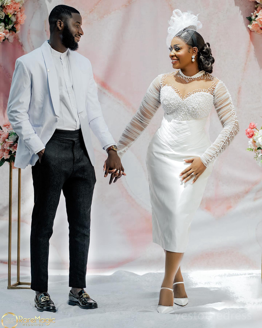 2024 African Short Wedding Dress For Bride Bridal Gowns Illusion High Neck Long Sleeves Beaded Pearls Lace Satin Wedding Gown For Nigeria Black Women 