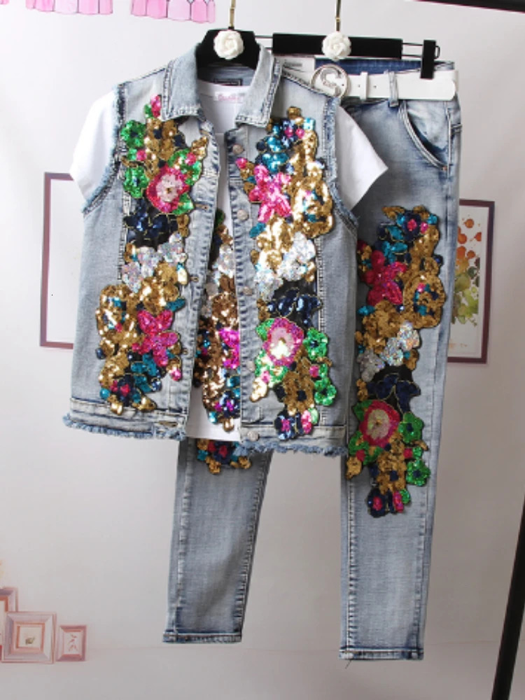 European Style Denim Suit Fashion Outfit Women Flower Sequined Jacket Short Jeans Pants TwoPiece Set Female 240321