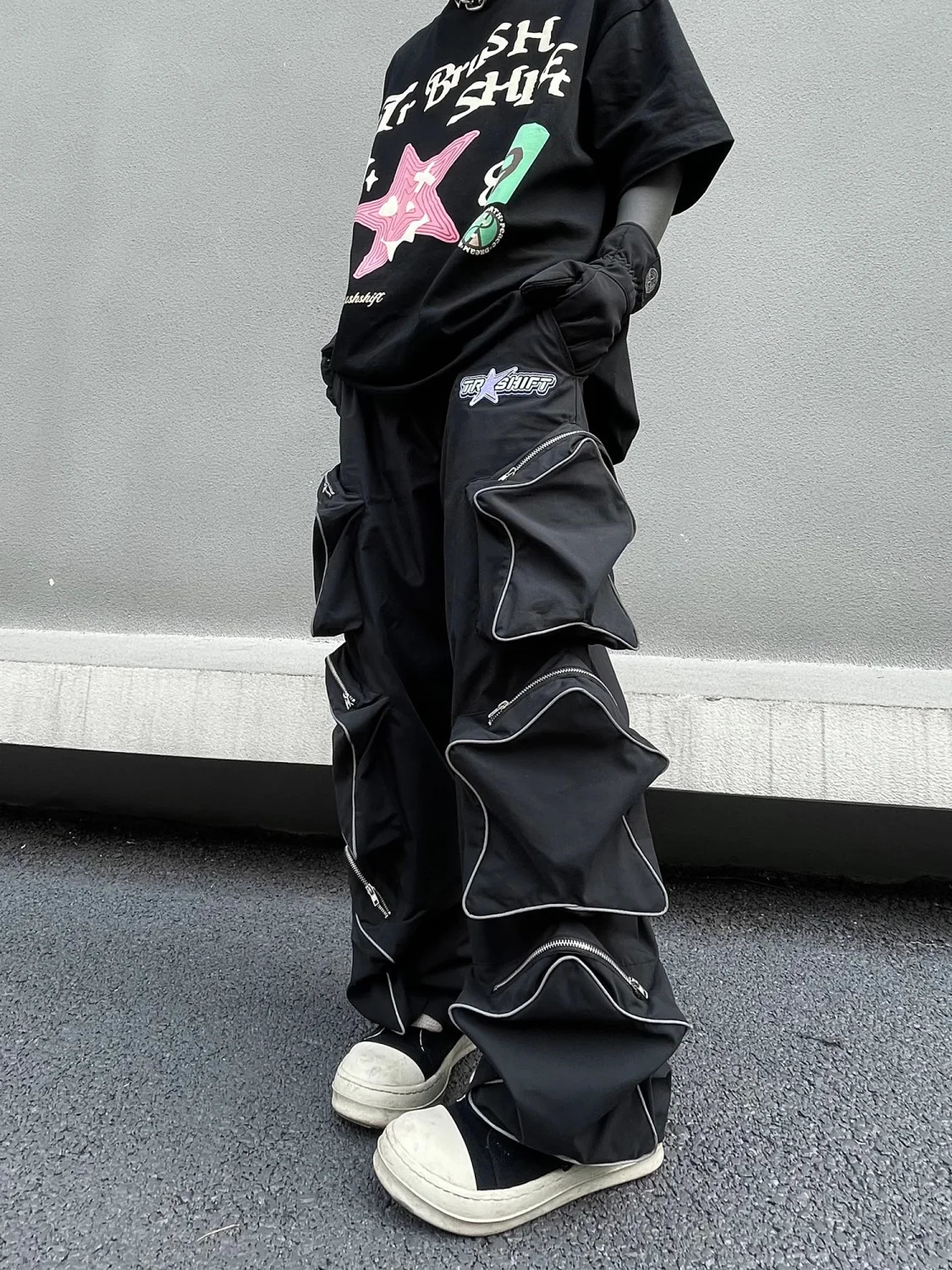 Y2k Cargo Pants Men Five Pointed Star Three Dimensional Multi Pocket Black Pants Reflective Casual Straight Leg Pants Streetwear 240312