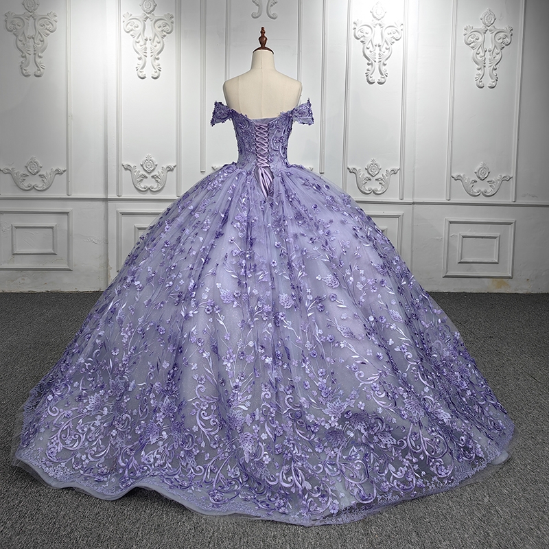 Purple Glitter Princess Quinceanera Dresses Off Shoulder Applique Lace Floral Tull Lace-up Party Birthday Vestido de 15 anos Sweet 16 Dress