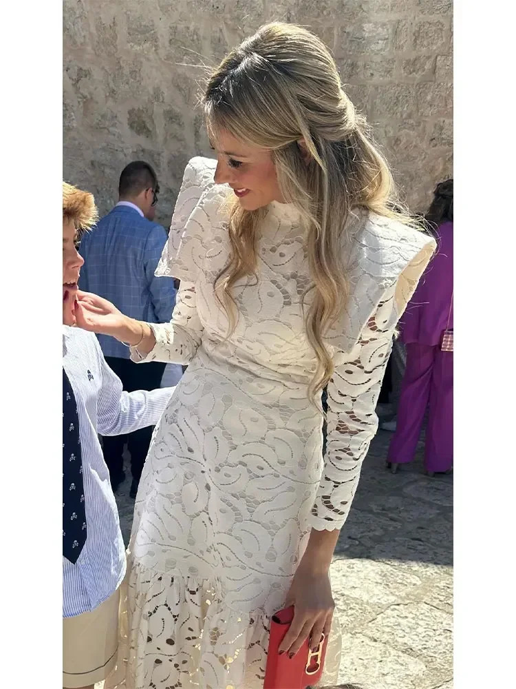 Women White Lace Hollow Out Maxi Dress Aline High Collar Long Sleeve Office Vestidos Fashion Lady Elegant Streetwear 240318