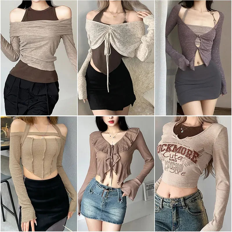 Sexy Vintage Crop Tshirts Long Sleeve Slim T Shirt Autumn Korean Style Chic Sweet Y2K Aesthetic Streetwear Female Tee 240321