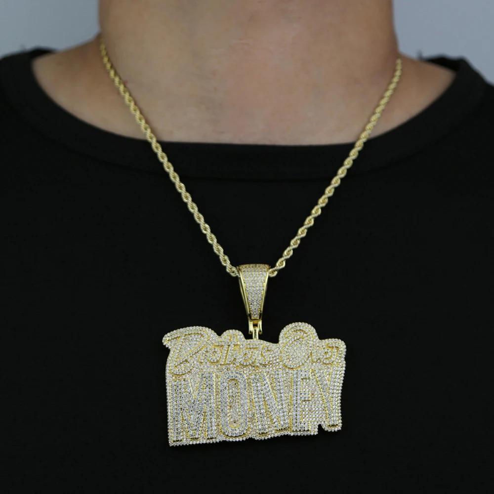 Hip Hop Brothers Over Money Pendant Necklace Gold Color Iced Out Bling CZ Cubic Zirconia Letters Charm Men Women Jewelry 240313
