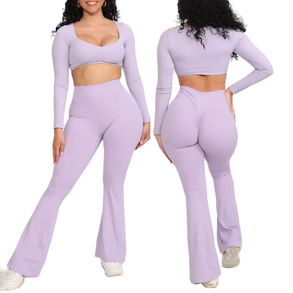 Scrunch Flare Leggings for Women 2 Piece Yoga Workout Gym Sets Long Sleeve Crop Top Fiess Dancing Clothes 240322