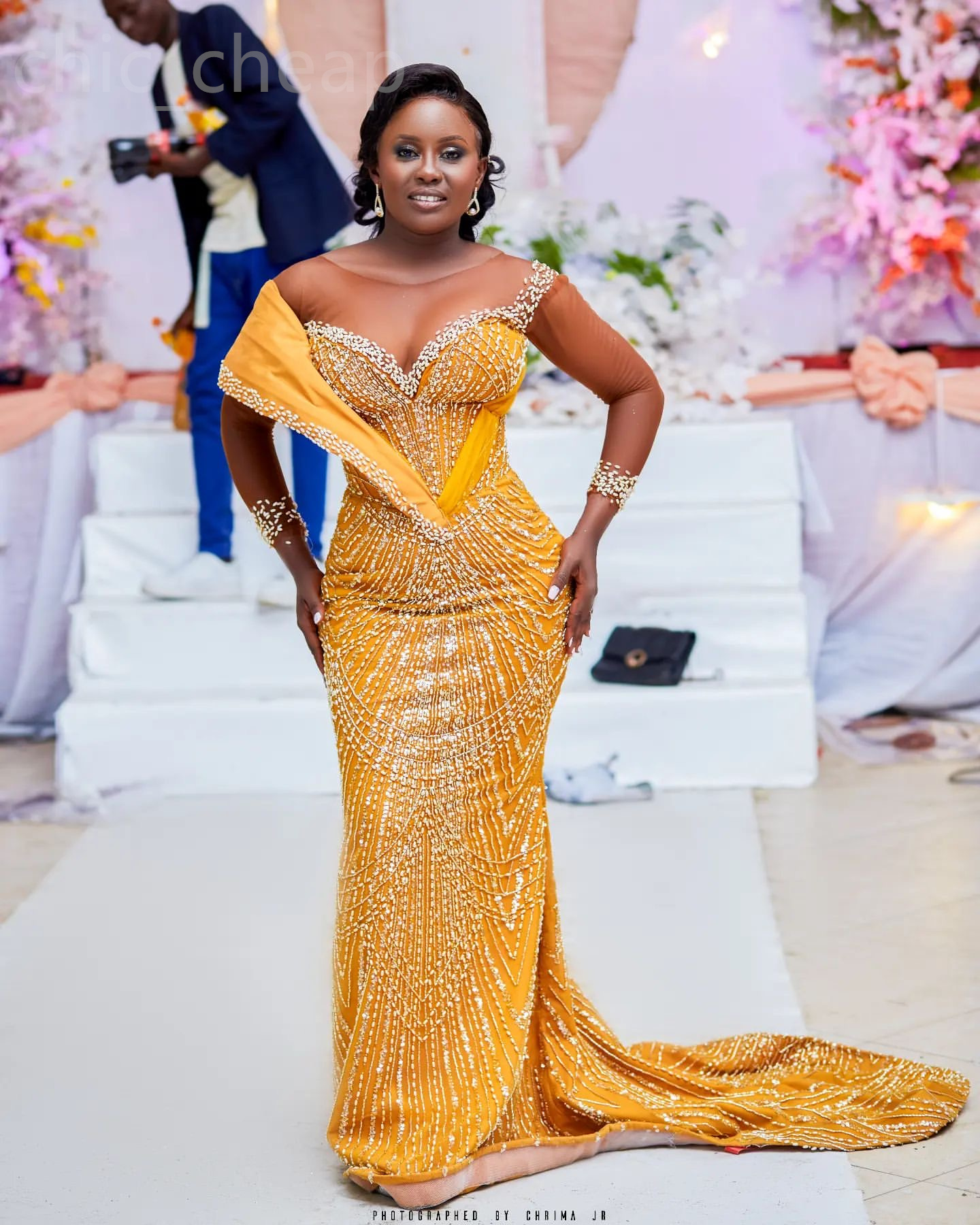Aso Ebi Yellow Mermaid Prom Dress Beaded Sequined Urious Evening Formal Party Second Reception Th Birthday Engagement Gowns Dresses Robe De Soiree Lz0