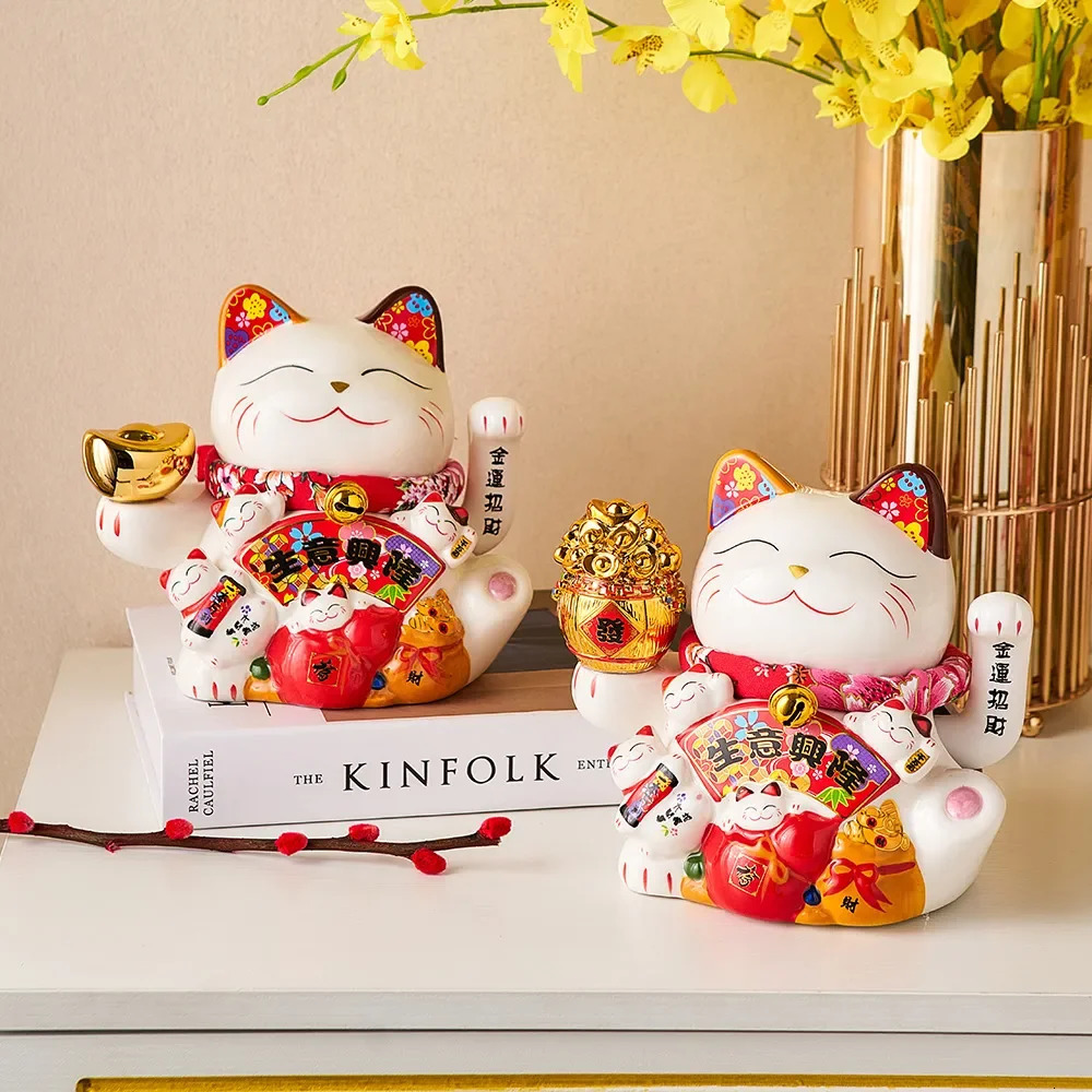 Ceramic Maneki Neko Lucky Cat Home Decor Waving Hand Feng Shui Fortune Statue Kawaii Room Accessories 240314