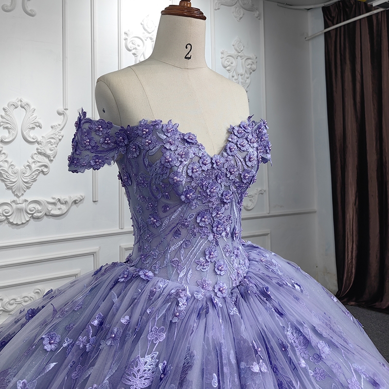 Purple Glitter Princess Quinceanera Dresses Off Shoulder Applique Lace Floral Tull Lace-up Party Birthday Vestido de 15 anos Sweet 16 Dress