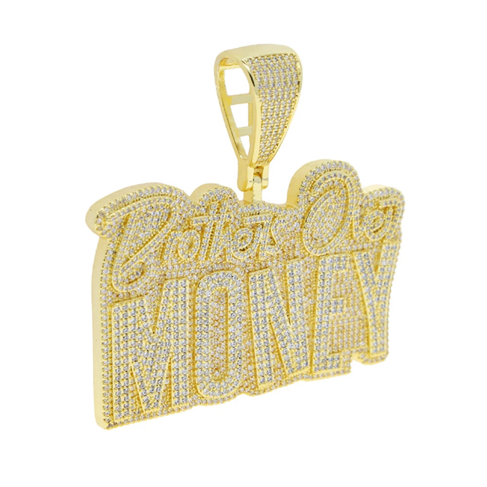 Hip Hop Brothers Over Money Pendant Necklace Gold Color Iced Out Bling CZ Cubic Zirconia Letters Charm Men Women Jewelry 240313