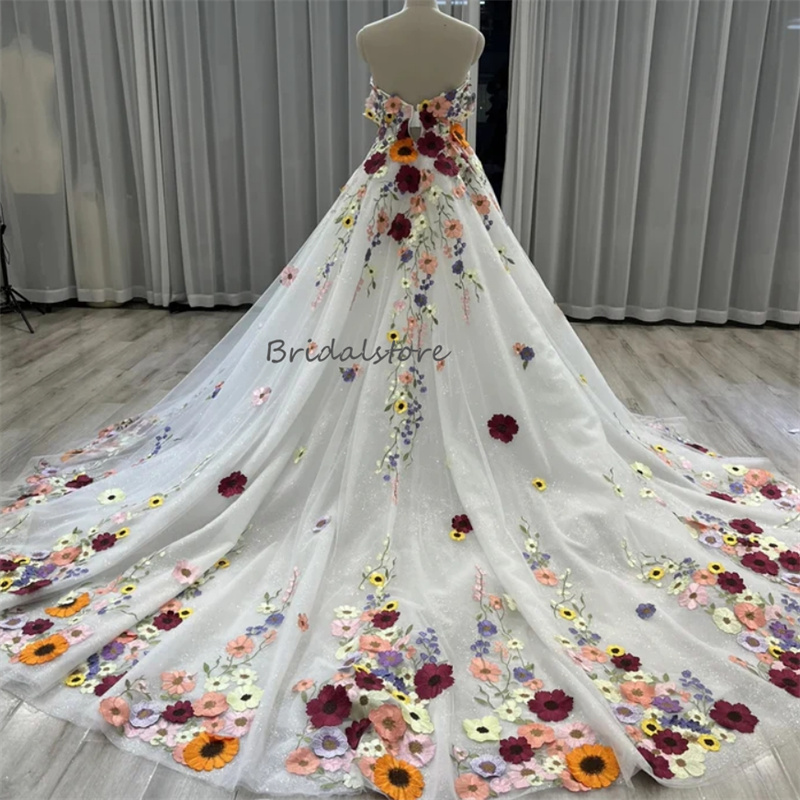 3D Colorful Flowers Wedding Dresses With Color Whimsical Elvish Country Bridal Gowns Puff Sleeves Vestidos De Novia Court Train Unique Nontraditional 